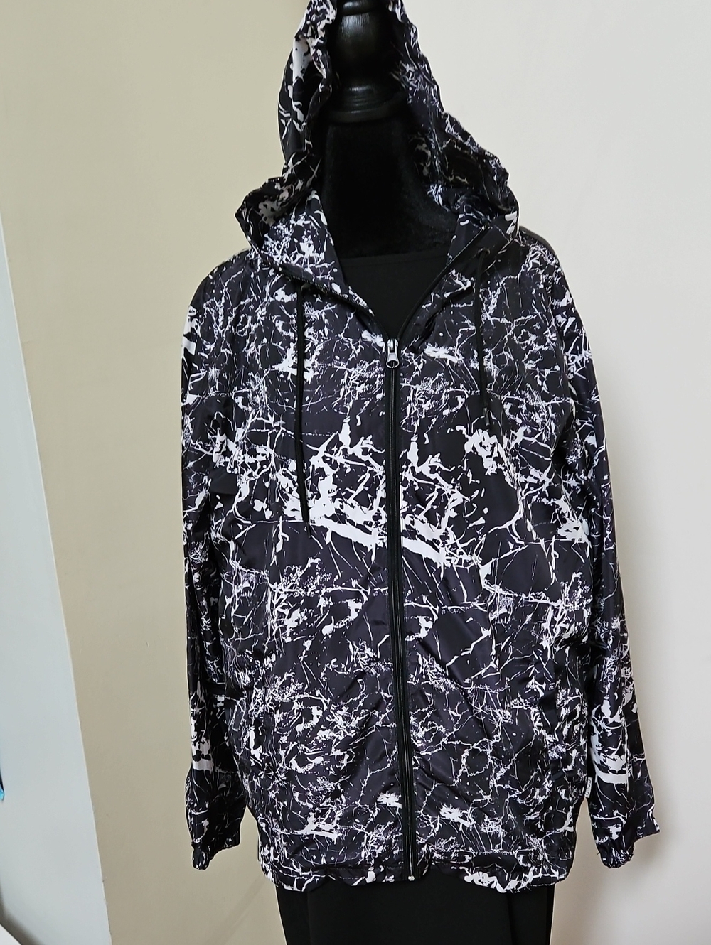 Cold Culture Black White Marble Windbreaker Hooded Full Zip Jacket Medium